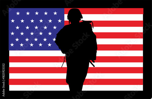 A silhouetted soldier stands in front of the American flag, symbolizing patriotism and military service.