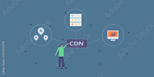 Digital data distribution on multiple location, software engineer presenting content delivery network.