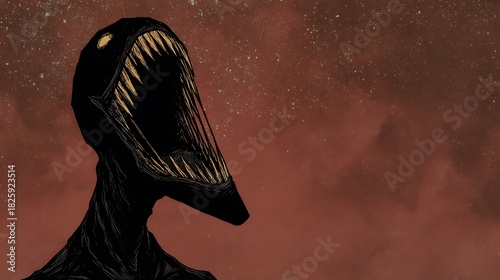 A terrifying, dark, and grotesque creature with a gaping, toothy mouth and a long, beaklike head stands against a cosmic, reddishbrown starry background, evoking fear