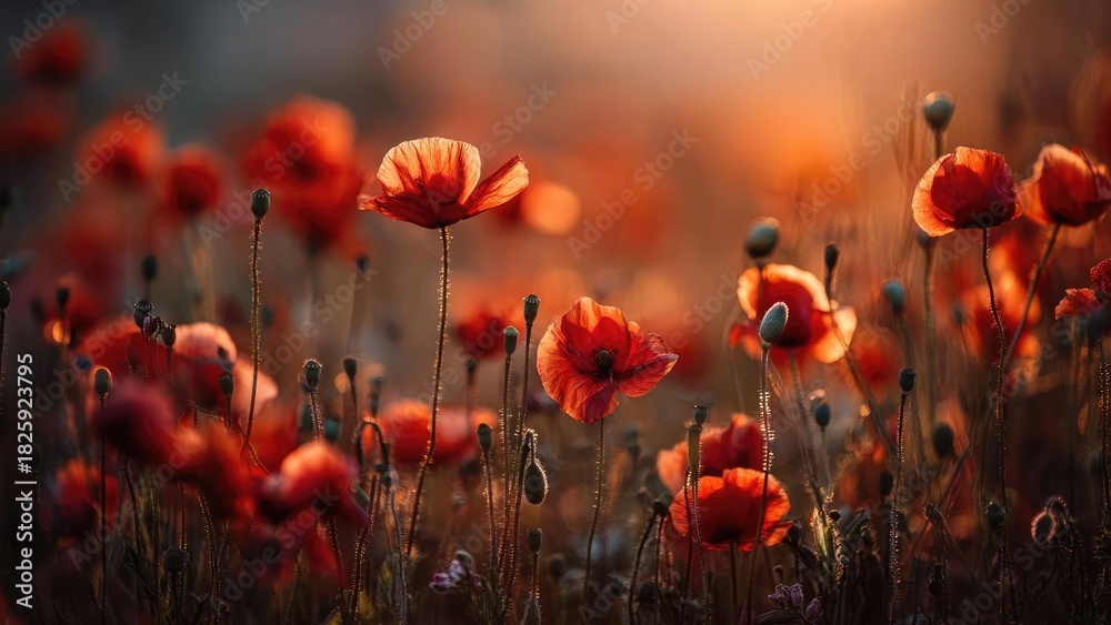Obraz premium Red poppies glow in a sunlit field at golden hour, with tall slender stems and a soft, blurred background. Concept Golden hour field, Red poppies, Tall slender stems, Soft bokeh background