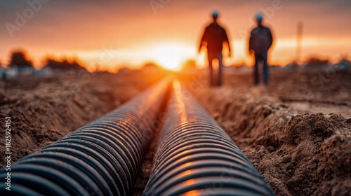 Construction workers installing pipes at sunset