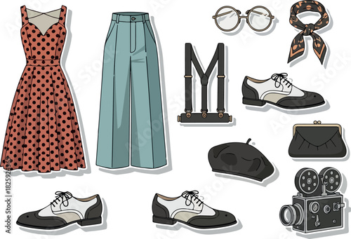 Fashionable Vintage Clothing and Accessories Collection Isolated on White