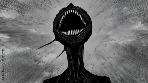A terrifying black and white illustration of a monstrous creature with a gaping maw full of sharp teeth, a long neck, and tentaclelike features, evoking horror