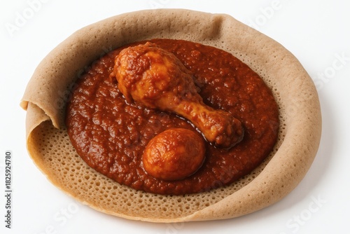 Injera with Doro Wat Isolated on White Background for Ethiopian Cuisine and Food Photography