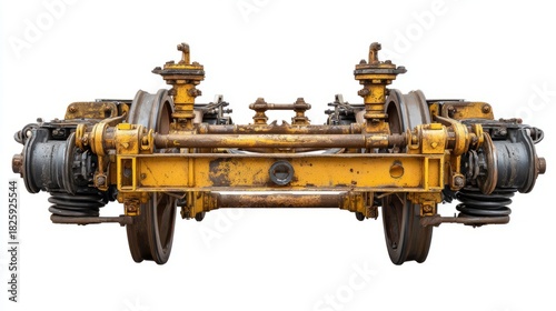 Detailed view of a rusty train bogie with wheels and components