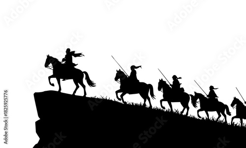 Cavalry charge silhouette on cliff edge, group of mounted warriors vector illustration, dramatic historical battle scene graphic, military action black and white