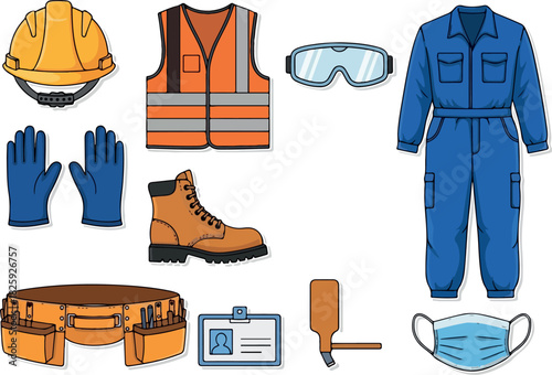 Construction Safety Gear Illustration Hard Hat, Vest, Gloves, and More