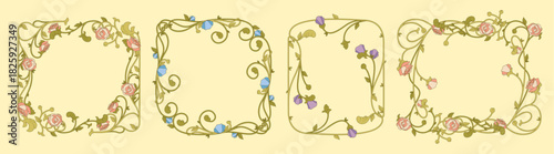 Floral Art Nouveau frames collection isolated on background. Vector illustration of vintage botanical borders decorated with pink, blue, purple flowers, elegant wedding or birthday card design element