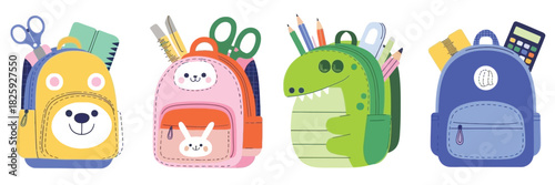 School Backpack With Study Equipment Cartoon Vector Illustration Showing Kindergarten Children Bag Filled With Stationery, Book, Supplies, and Colorful Educational Elements for Learning Design
