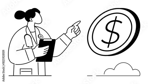 Female doctor with stethoscope and clipboard pointing at a floating dollar coin. Ideal for healthcare costs, financial analysis, medical billing, budgeting, consultation, economic growth, simple flat