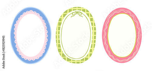 Hand drawn oval frame for kids, cute vector illustrations with bow for birthday card