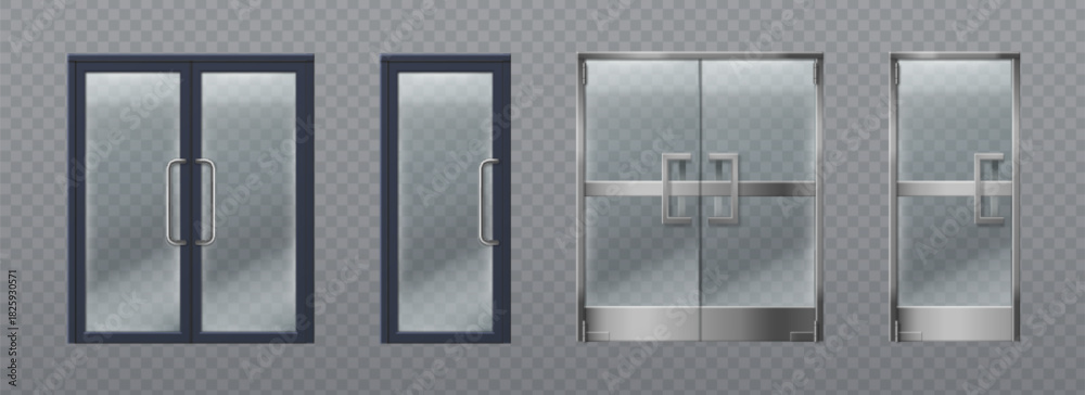 Obraz premium Glass doors set isolated on transparent background. Vector realistic illustration of office, supermarket or store entrance, closed single and double door frame, modern building facade design element