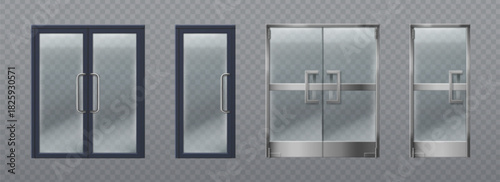 Glass doors set isolated on transparent background. Vector realistic illustration of office, supermarket or store entrance, closed single and double door frame, modern building facade design element