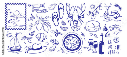 Amalfi coast doodle set in blue ink - Mediterranean seaside symbols with pizza and seafood, lemons and mussels, sailboat, scooter and wine. Hand drawn Italy travel icons for summer vacation tourism.