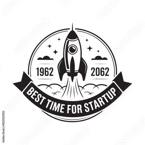 Retro rocket launching with text best time for startup and years 1962 2062