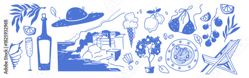 Italian summer doodle set with Amalfi coast sketch elements - seaside landscape and ice cream cone, limoncello bottle and citrus fruits, tomato branch and pasta dish. Beach vacation vector collection