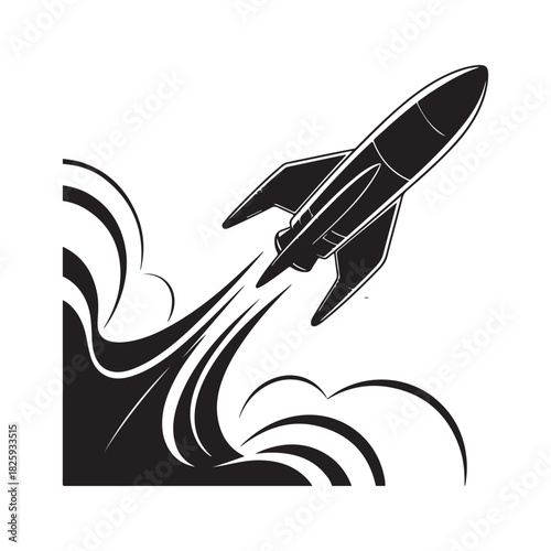 Stylized black and white rocket ship blasting off with smoke trails