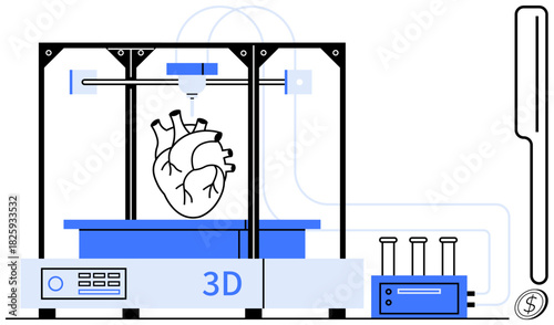 3D printer producing a detailed anatomical human heart. Ideal for healthcare, innovation, organ transplantation, biotechnology, research, science, futuristic solutions. Simple flat metaphor