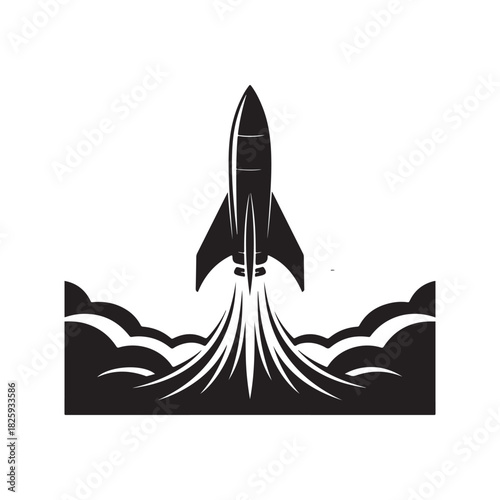 Silhouette of a rocket launching into space with smoke trails