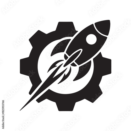 Rocket launching from gear symbolizing innovation and progress