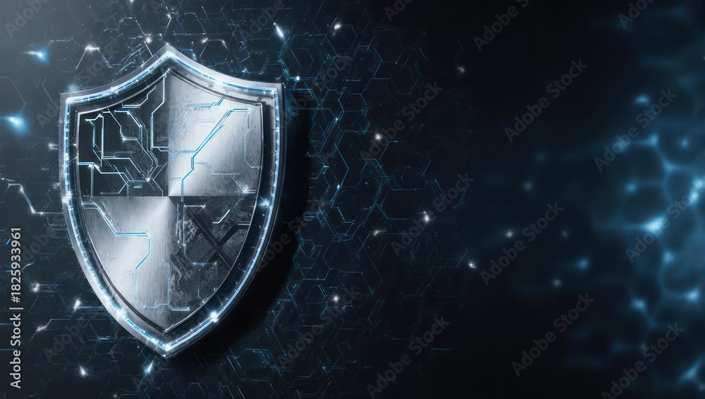 Fototapeta premium Metallic shield, digital network background