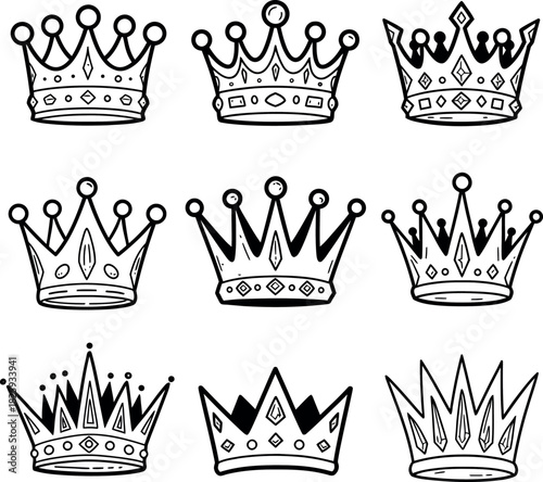 Hand drawn doodle crowns set. royal king queen headwear collection.