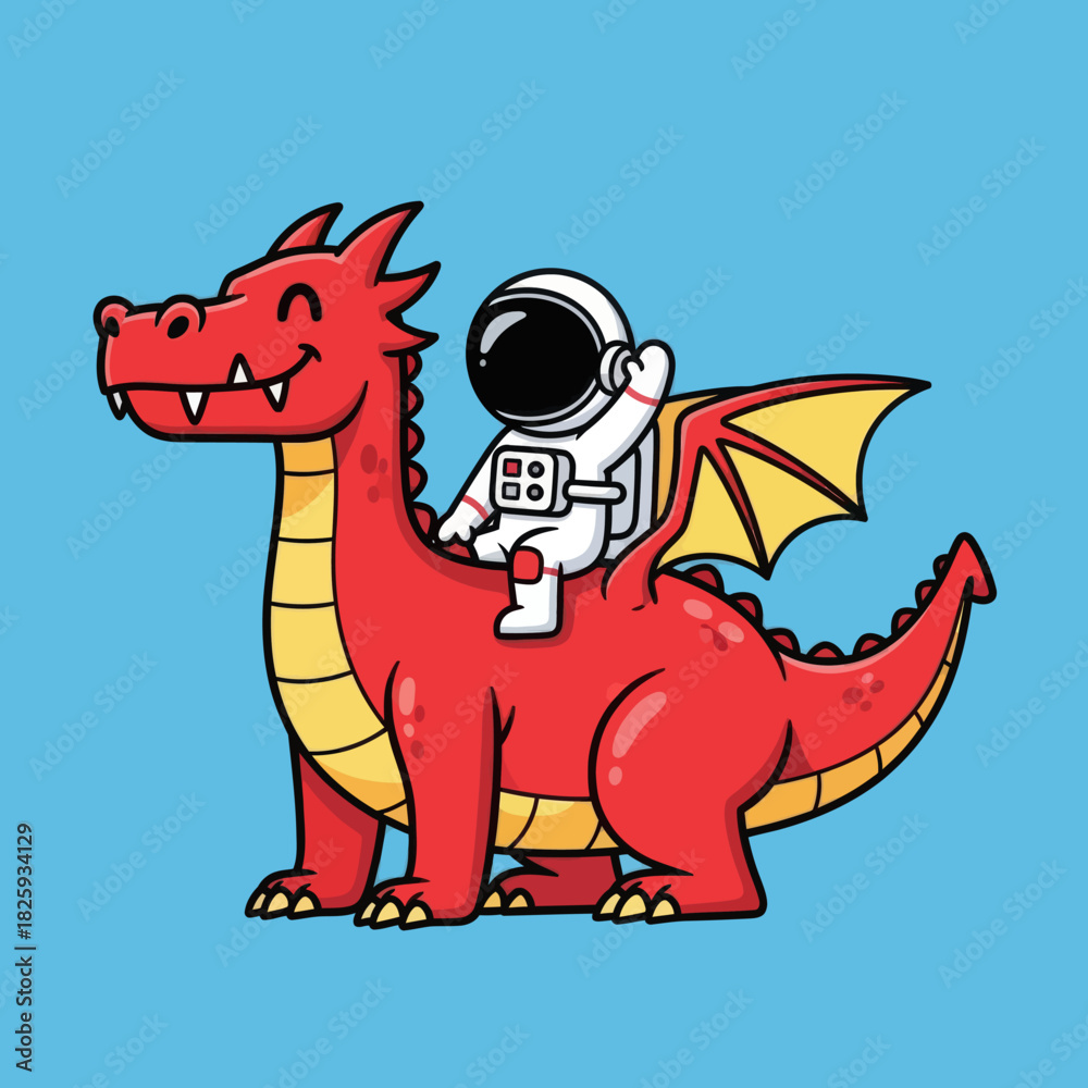 Obraz premium Astronaut riding dragon cartoon vector icon illustration. Science animal icon concept isolated 