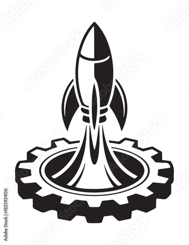 Rocket launching from a gear symbolizing innovation and technology