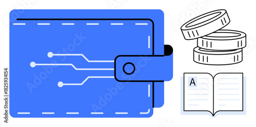 Digital wallet with electronic circuit design, stacked coins, and open book. Ideal for fintech, cryptocurrency, e-learning, digital transactions, savings financial literacy modern banking. Simple