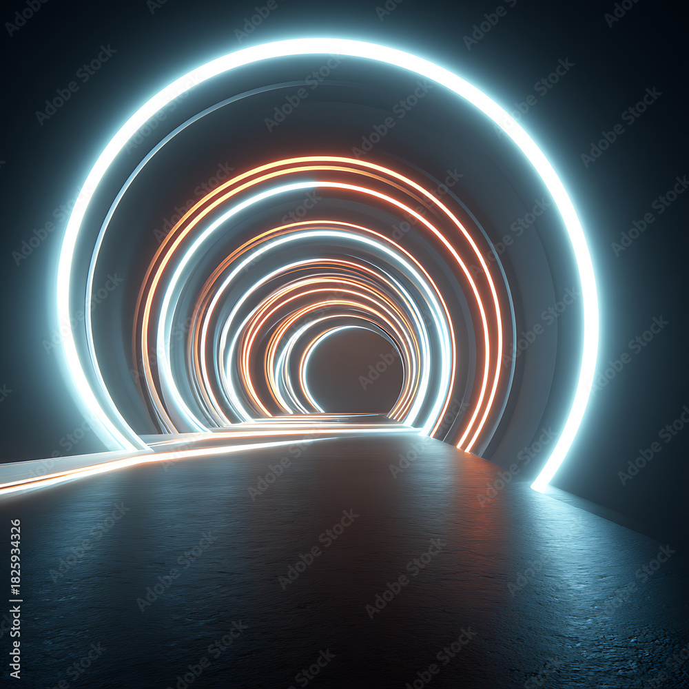 Obraz premium Futuristic neon light tunnel with glowing circular rings and reflective floor