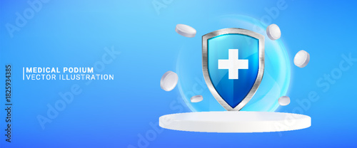 White 3D podium stage with medical cross on protective shield and floating pills. Blue background with healthcare symbols, hospital icon and pharmacy elements over platform for product presentation.
