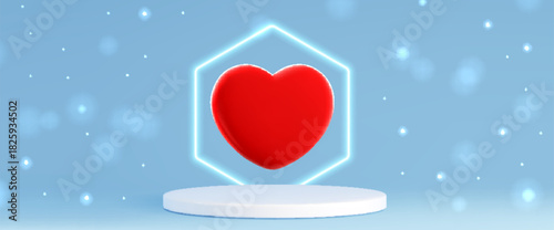 Round podium with red heart and neon hexagon background. Vector realistic illustration of medical service platform, cardiology hospital, health care insurance banner with lights flare on blue backdrop