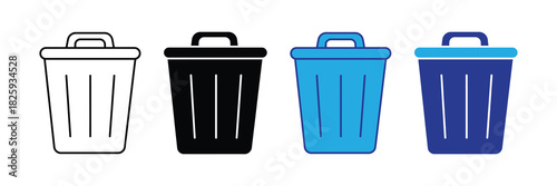 Set of four trash can icons in different styles and colors: outline, black, blue, and dark blue, representing waste disposal and recycling concepts.