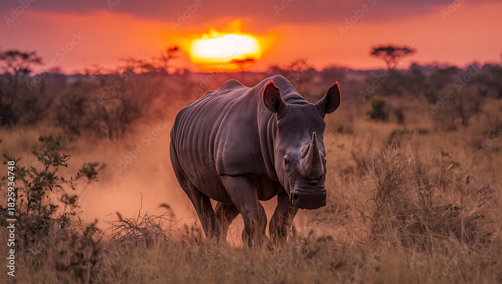 Obraz premium rhino standing on dry grassland during a dramatic orange sunset, showcasing its thick textured skin and strong presence in a warm atmospheric african wildlife landscape scene