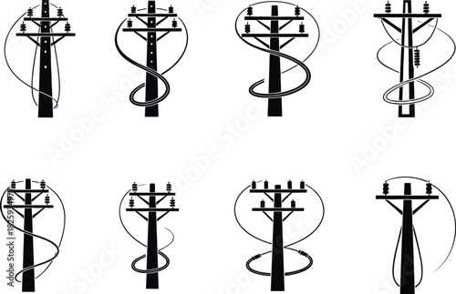 Creative vector illustration of electric utility poles with swirling abstract lines, power design silhouette artwork