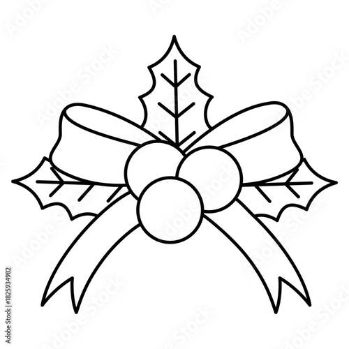 Christmas Holly Bow doodle line art outline