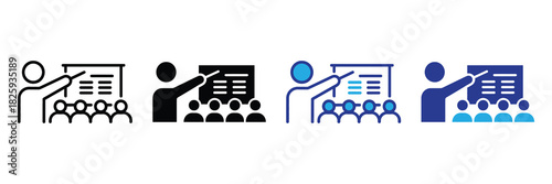 Presentation icon set: instructor teaching audience with whiteboard in various styles - line, solid, outline, flat design