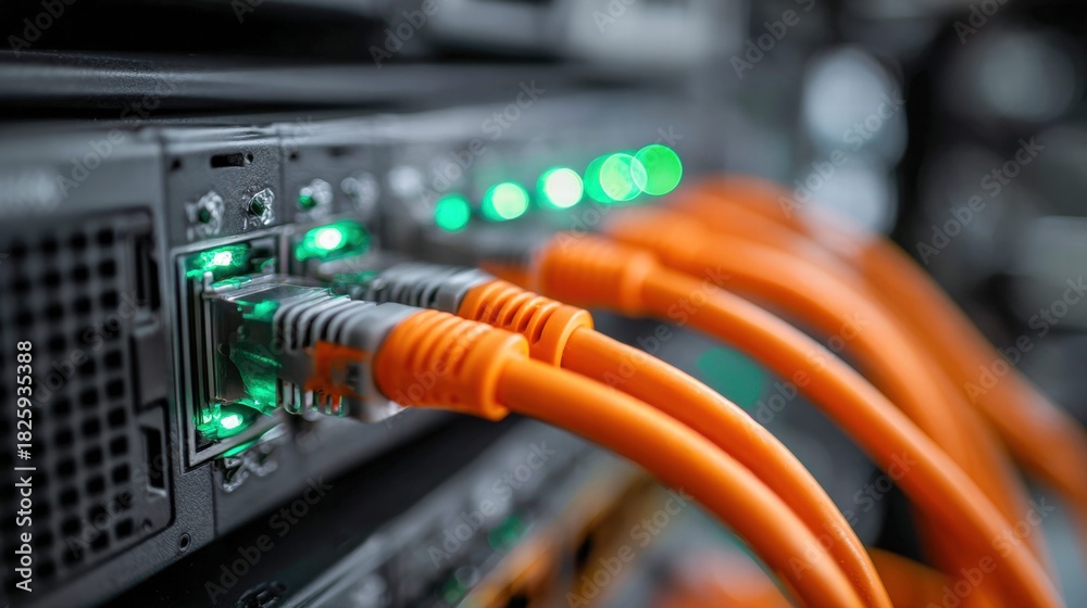 Naklejka premium Server room with network cables connected to a server.