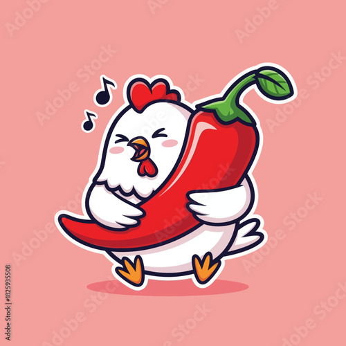 Cute chicken eating spicy chili cartoon vector icon illustration animal food icon concept isolated