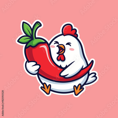 Cute chicken eating spicy chili cartoon vector icon illustration animal food icon concept isolated