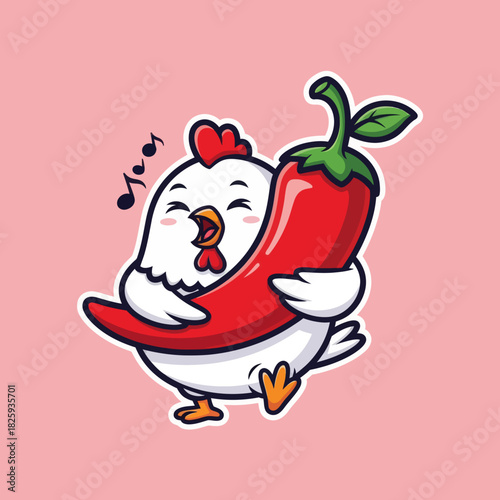 Cute chicken eating spicy chili cartoon vector icon illustration animal food icon concept isolated
