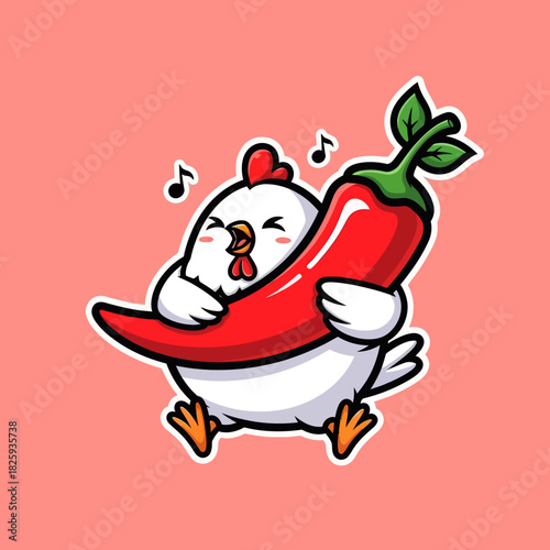 Cute chicken eating spicy chili cartoon vector icon illustration animal food icon concept isolated