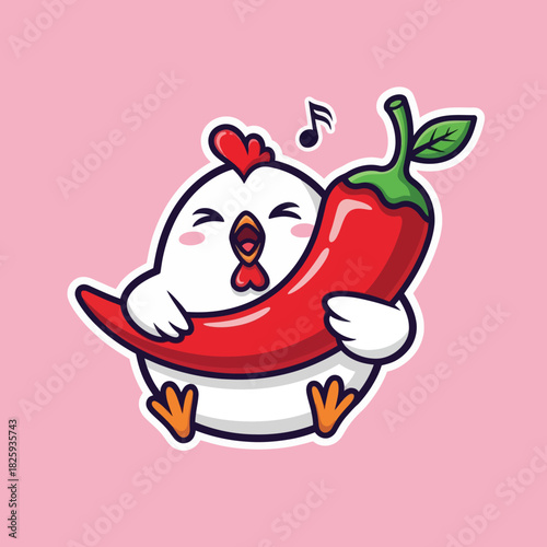 Cute chicken eating spicy chili cartoon vector icon illustration animal food icon concept isolated
