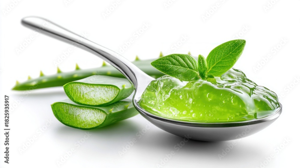Fototapeta premium Fresh aloe vera gel in a spoon with mint leaves, healthy skincare