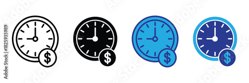 Time is money icon collection: analog clocks with dollar sign representing financial concepts and business time management strategies