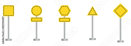 Set of colors road traffic signs: rectangle, circle, template for warning message, direction guide. Set of blank yellow road sign. Realistic yellow road signs empty templates.