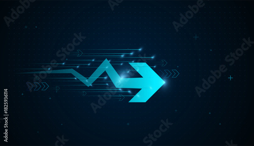 A futuristic arrow moves upward with dynamic light trails, reflecting advancement in technology and analytics. The dark grid background enhances. vector illustration