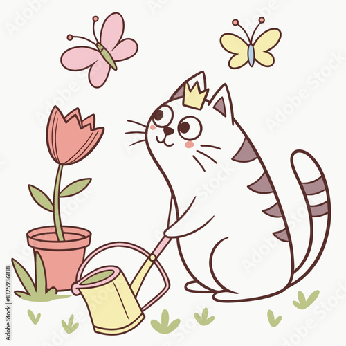 An adorable American Shorthair with a Content vibe, with a tiny crown, and a Spring Garden Spring garden theme – SVG style