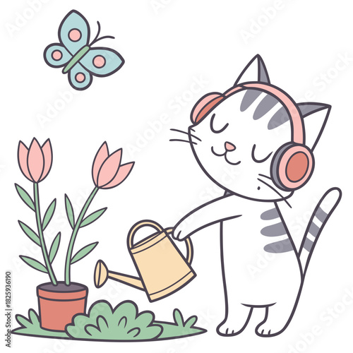 Delightful Excited American Shorthair in a Spring garden scene with wearing headphones – Spring Garden vector illustration