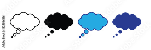 Four distinct thought bubble icons: blank, black, blue, and dark blue, representing ideas, communication, and imagination.